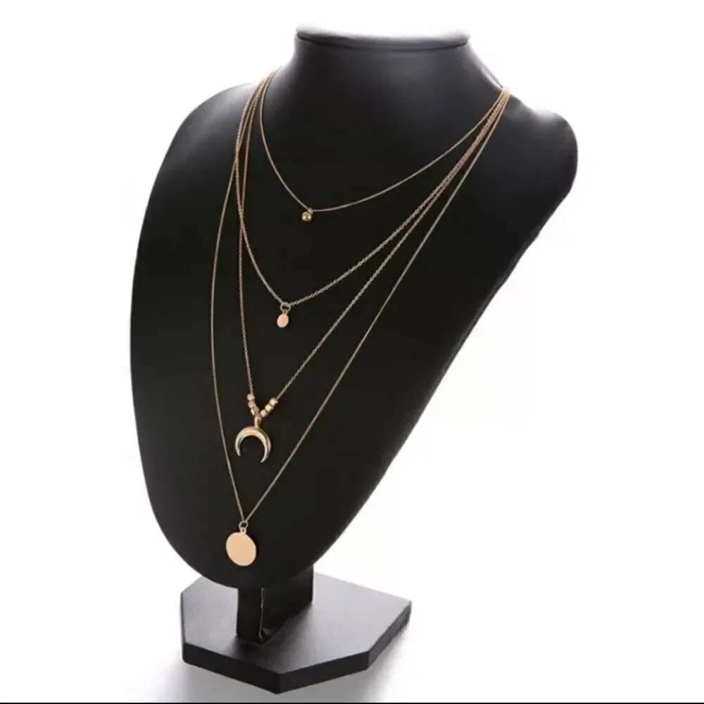 BOHO Crescent Horn Moon Charm Multi Layered Pendant Gold Necklace Choker - Picture 3 of 4